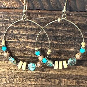 Handmade Western Hippie Copper Wire Colorful Wooden Beads Drop Earrings, Gift B